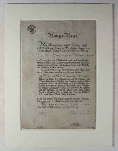 Civil Letter and Medical Document Concerning the Barber Heinrich Carl Ferdinand Schrader (Civic Law/Bürgerliches Recht 1841/1852)