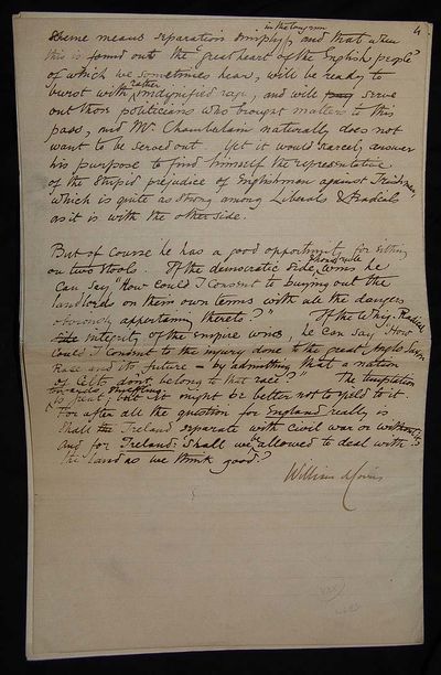 Orig. handwritten and signed manuscript for "Notes on Matters Parliamentary." 4 pp. 4to. - [ORIGINAL MANUSCRIPT] (photo 2)