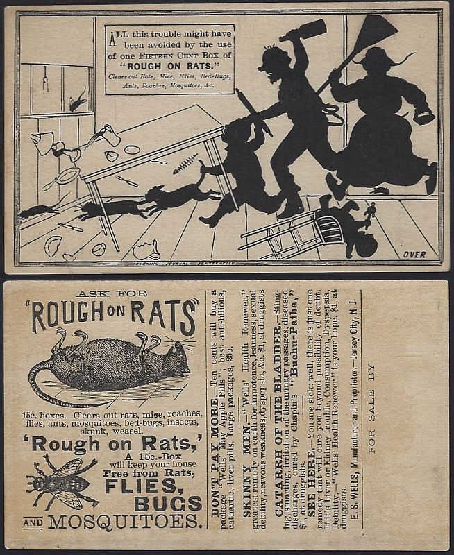 VICTORIAN TRADE CARD FOR ROUGH ON RATS, SILHOUETTE OF FAMILY CHASING RAT