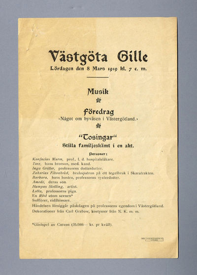 Västgöta gille lördagen den 8 mars 1919 kl. 7…