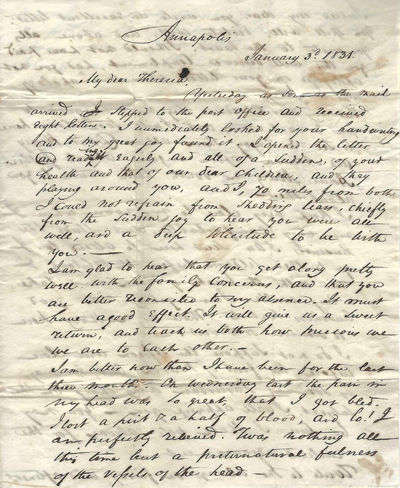 Autograph Letter Signed while a member of the state Legislature, Annapolis, Maryland, January 3, 1831, to his wife, Mrs. Theresia McElfresh, Frederick County, Maryland.