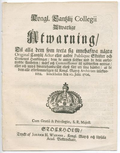 Kongl. Cantzlij collegii alwarlige åtwarning/ til…
