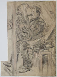 Charming drawing of a tuba player by the French artist Edmond Couturier (1871-1903). The subject, wearing a boater, is sitting on a bench inside what might be a music hall playing a tuba. Late 19th-early 20th century