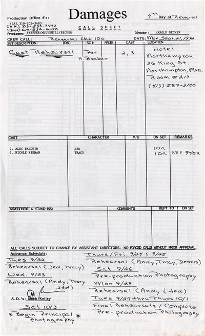 Malice [Damages] (Collection of 24 call sheets from the 1993 film)