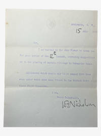Typed letter signed by Sir Walter Nicholson (1877-1946) on behalf of Sir John Fisher about Submarines in the British Navy.