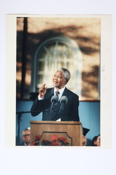 NELSON MANDELA GIVING SPEECH AT HARVARD UNIVERSITY HONORARY DOCTORATE OF LAW CEREMONY PHOTOGRAPH [Signed]