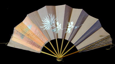 Printed Buena Vista Spring Hotel Menu on Lg. Watercolor decorated Paper Hand Fan 1894, Asian Motif - Chrysanthemum