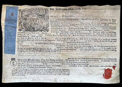 This Indenture Witnesseth, That [Robert Shaw Son of Robert Shaw of the City of Lichfield Book Seller with his father’s consent .... ] doth put h[im]self Apprentice [to Richard Robinson of Wolverhampton in the County of Stafford Toymaker]..