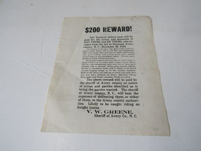 $200 Reward Signed V.W. Greene Sheriff of Avery County, 1916