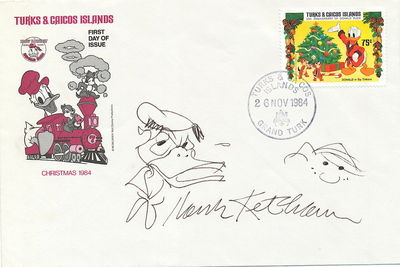 Signed Original Cartoon Sketches by Hank Ketcham of his most popular character, Dennis The Menace and also of Donald Duck on large First Day Cover, Nov. 26, 1984