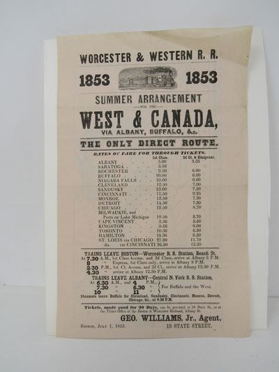 Worcester & Western R.R. Summer Arrangement for the West & Canada, via Albany, Buffalo, &c. The Only Direct Route