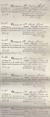 JACQUES J. LYONS' FOURTEEN PRINTED AND MANUSCRIPT RECEIPTS FOR CONTRIBUTIONS TO THE SURINAMME JEWISH CHARITY FUND, FROM HIS LAST 2 YEARS AS A CANTOR THERE, 1836-1837 by Jacob Juda; Jacques Judah) (Lyons - 1836-37 - from Dan Wyman Books (SKU: 36078)