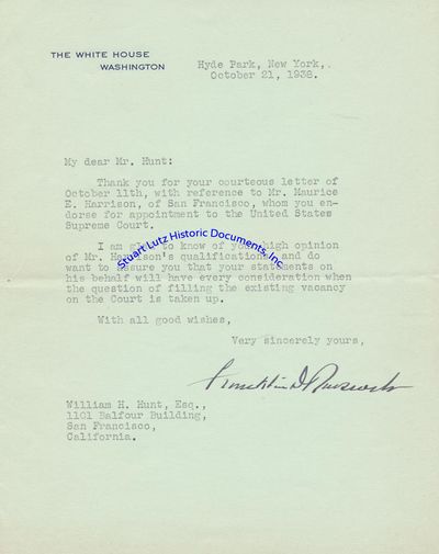 One Year After His Failed Court-Packing Scheme, FDR Replies To Former Federal Judge William Hunts Recommendation For A New Supreme Court Justice