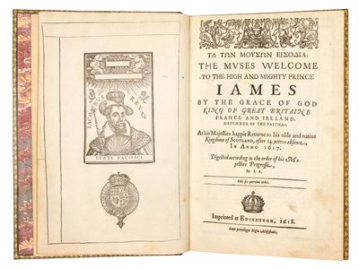 Ta tōn Mousōn eisodia: = The Muses welcome to the high and mightie prince Iames by the grace of God King of Great Britaine France and Ireland, defender of the faith &c. At His Majesties happie returne to his olde and natiue kingdome of Scotland, after 14 yeeres absence, in anno 1617. Digested according to the order of his Majesties progresse, by I.A. [bound with, as often] Ta tōn Musōn exodia (STC 142)