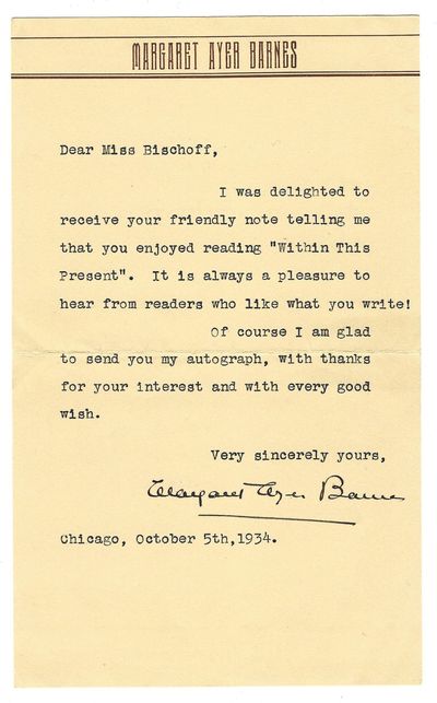 Typed letter signed ("Margaret Ayer Barnes"), Chicago, 5 October 1934