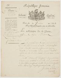 image of LS, in French with translation, as Minister for War, to Citizen Desvaux, (Lazare Nicolas Marguerite, 1753-1823, French Military Engineer and Minister for War, the 'Organizer of Victory' in 1794)