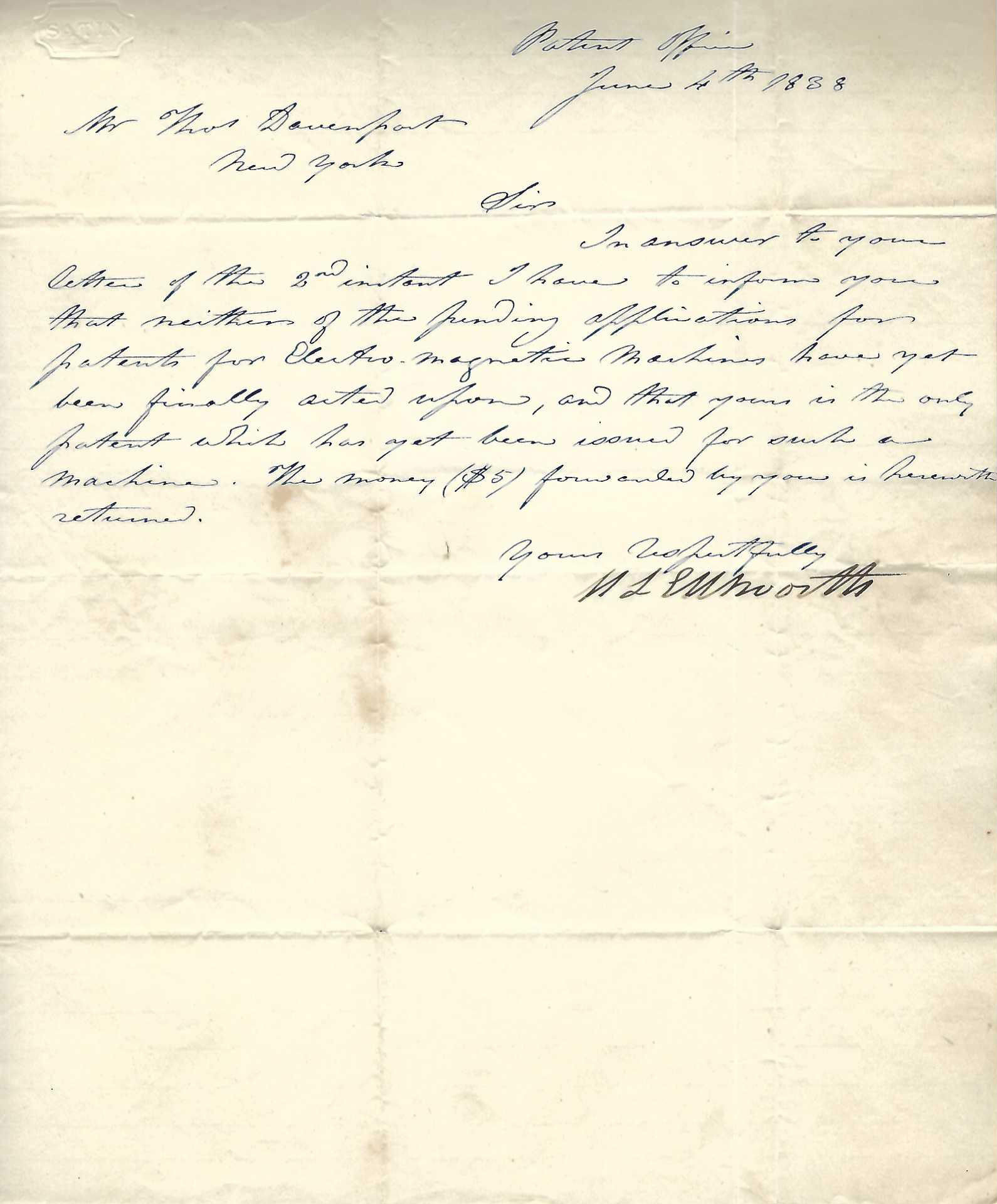 Letter Signed as Commissioner of the US Patent Off