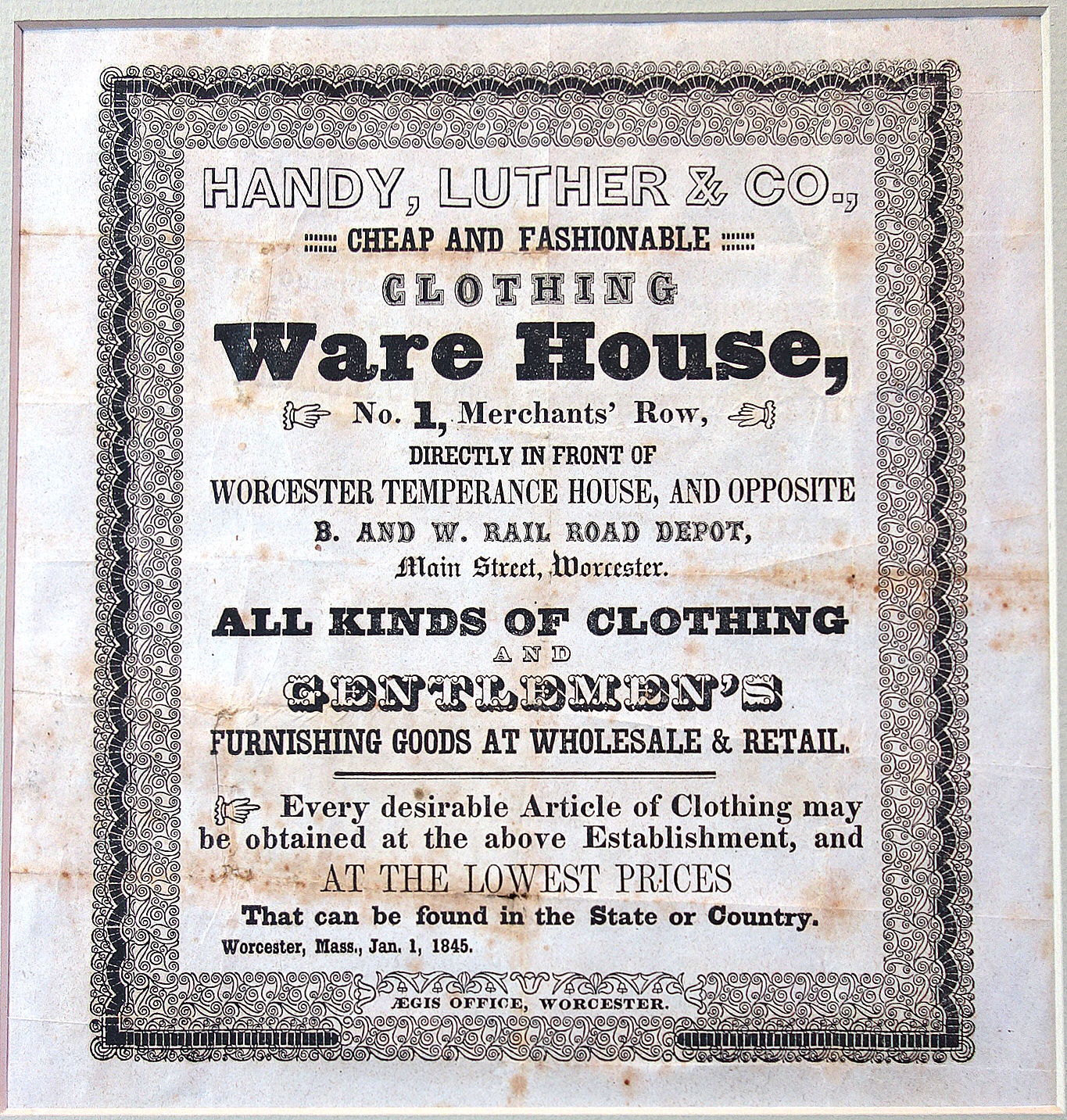 WORCESTER, MASSACHUSETTS BROADSIDE ADVERTISEMENT -