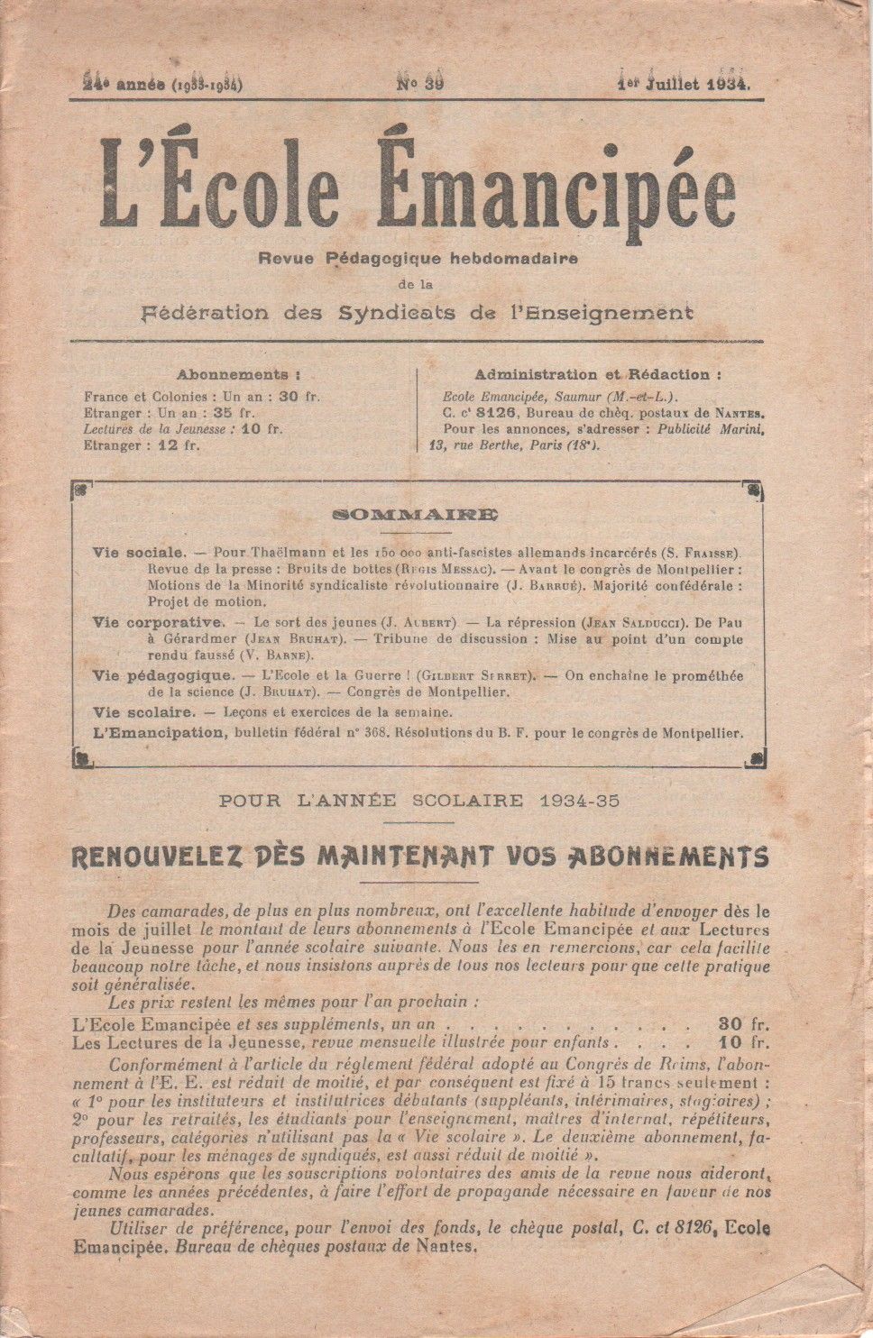 L Ecole Emancipee Revue Pedagogique Hebdomadaire De La Federation Des Syndicats De L Enseignement N 39 By L Ecole Emancipee 1933 1934 1934 From Librairie Caetera Sku