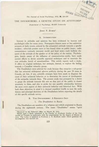 [Offprint]: The Doukhobors: A Genetic Study on Attitudes