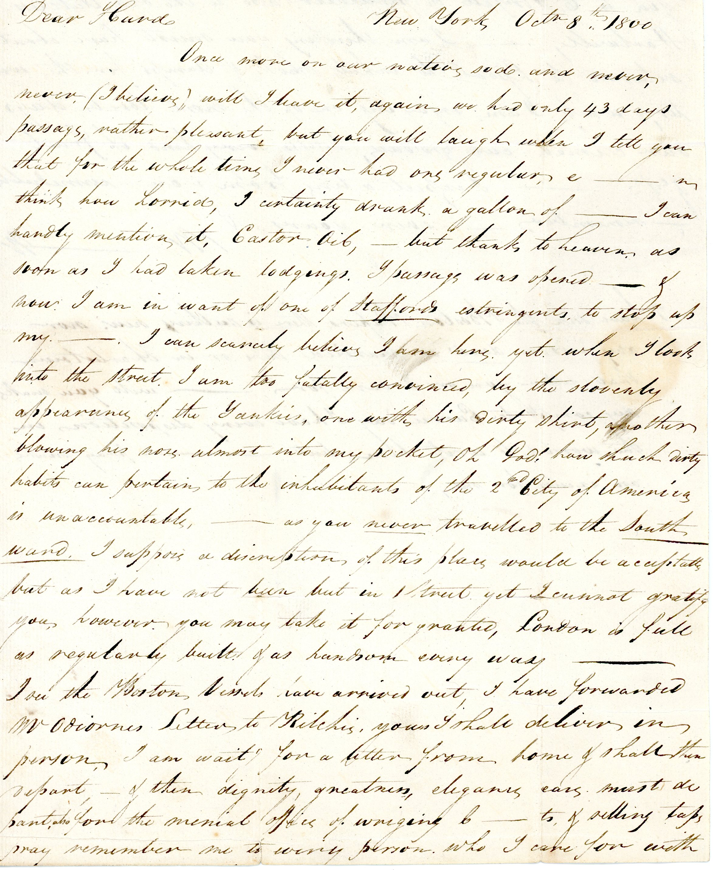 Autograph Letter Signed (with initials WW, but identified in docketing note), New York, October 8, 1800, to Joseph Hurd, Jr., care John J. Adam Lodge, Merchants, Liverpool, Sent by ship Justina