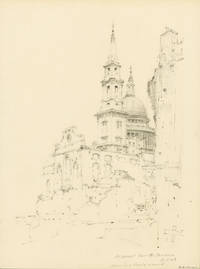 “St. Vedast / from Gutter Lane / 31-5-45 / Drawn in a devil of a wind”: Original pencil rendering of this blitzed London church and surrounding buildings, including St. Paul's in the background, captioned and dated