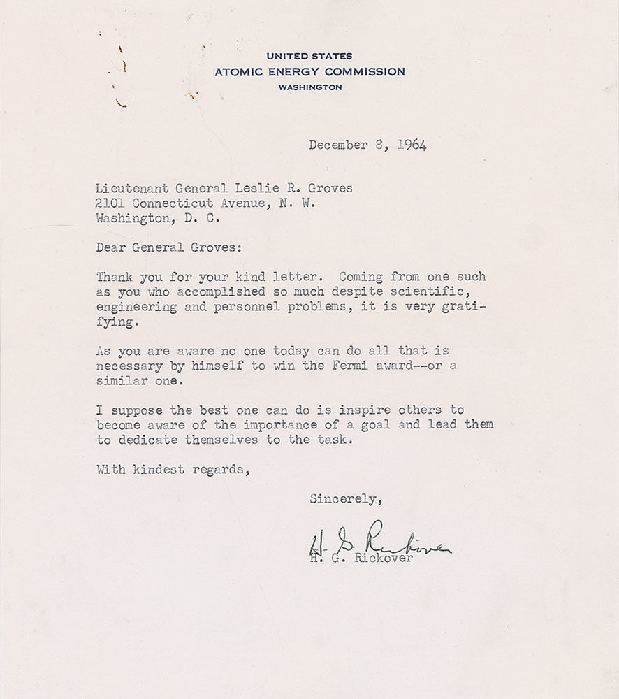 Groves Letters Rickover writes to Groves on Atomic Energy Commission Letterhead by ...