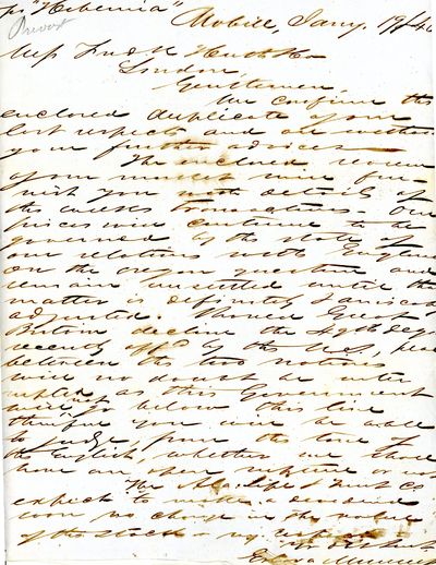 Autograph Letter Signed, Mobile, Alabama, January 19, 1846, to Frederick Huth & Co., [bankers] London pr “Hibernia”