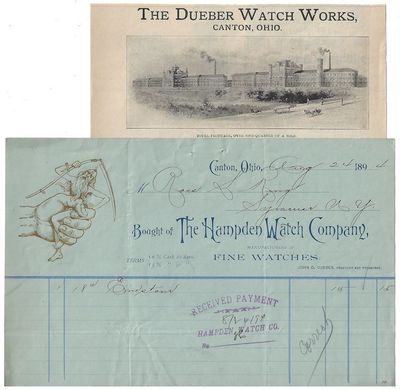1896-1900 – An illustrated billhead and advertisement for two firms that merged to form the Dueber-Hampden Watch Company which operated in Canton, Ohio until it was purchased lock, stock, and barrel by Soviet Russia’s international trading organization in 1930 and relocated to Moscow