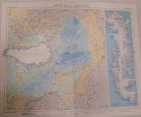 Map of Arctic Ocean Greenland, Plate 48 disbound from 1959 Mid-Century Times Atlas of the World, Volume II, (South-West Asia & Russia) Scale 1:12,500,000, four insets of Greenland Coastal Settlements 1:5,000,000