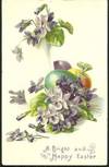 BRIGHT AND HAPPY EASTER POSTCARD WITH EASTER EGGS AND VIOLETS