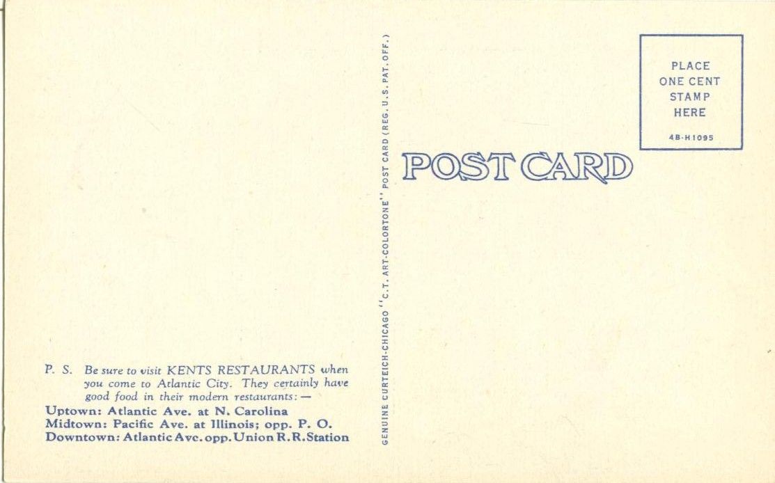 United States Kent S Restaurant Atlantic City N J Old Unused Linen Postcard By From Postcards Ephemera Sku P3366