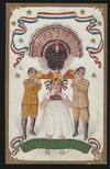 THANKSGIVING GREETINGS POSTCARD WITH CHILDREN BRINGING FOOD, TURKEY AND PATRIOTIC RIBBONS