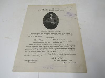 Arrest W. Ray Whitney, Postmaster, Franklin, Vermont. Absconded Sept. 20, 1919