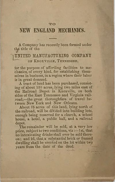 TO NEW ENGLAND MECHANICS: A COMPANY HAS RECENTLY BEEN FORMED UNDER THE TITLE OF THE UNITED MANUFACTURING COMPANY OF KNOXVILLE, TENNESSEE [caption title]