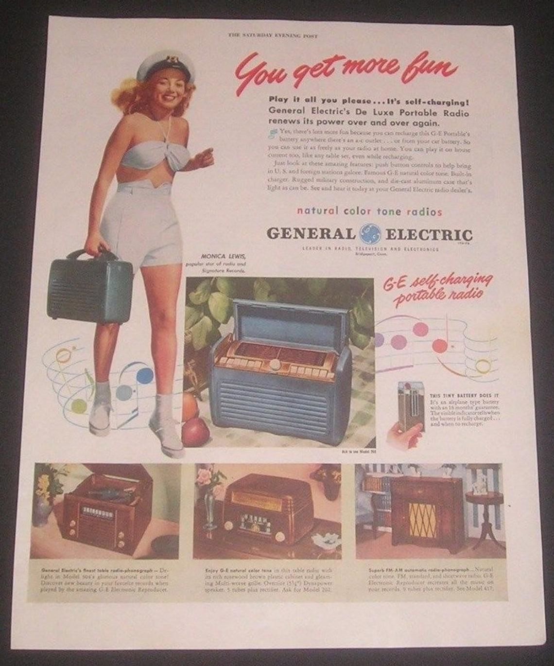 BIBLIO 1947 General Electric Radios Magazine Ad, Monica Lewis Radio