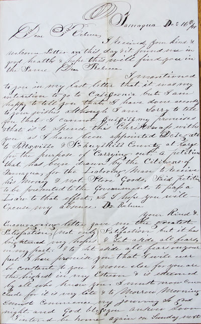 Autograph Letter Signed. Tamaqua, Pennsylvania, December 16, 1848. to his future wife Rebecca Pratt, Stoyersville, Pennsylvania