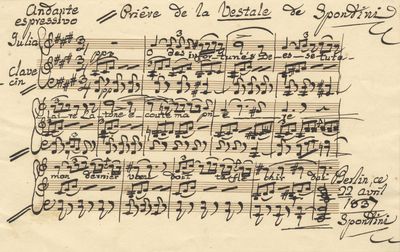 Autograph musical quotation in piano-vocal score from the composer's opera La Vestale, signed "Spontini