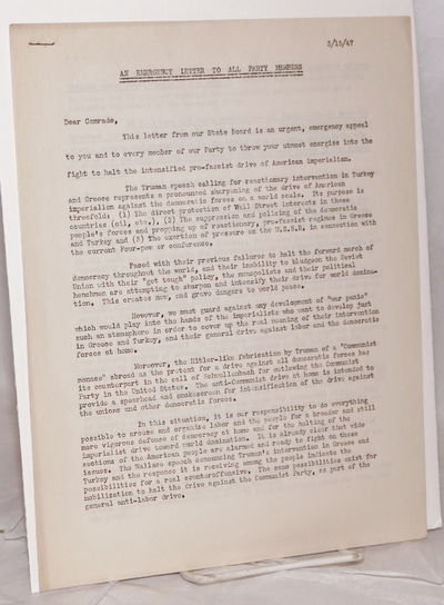 : State Board of the Communist Party of California, 1947. 3p., stapled once at upper left, 8.5x11 in...