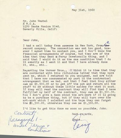 they want a Percy Dovetonsils..." Typed Signed Letter, 4to, Beverly Hills, CA. May 31, 1960