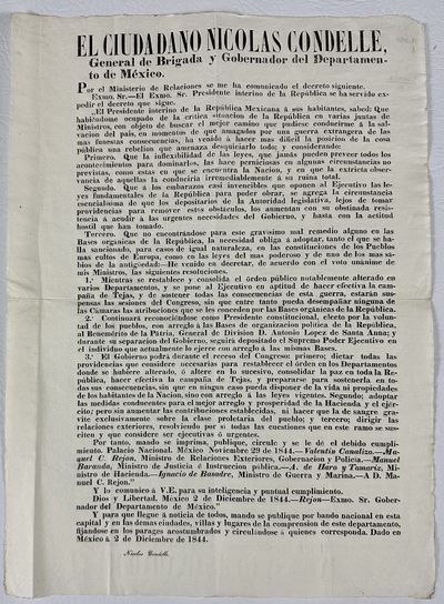 [Circular Issued by the Governor of the Department of Mexico, Nicolás Condelle, Promulgating a National Decree Ordering the Texas Campaign to be Carried Out in Full, Fearing Annexation by the United States]