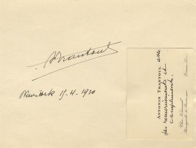 Printed visiting card with autograph sentiment (unsigned). Laid down to mounting sheet with signature ("A. Trantoul) and date "New York 19-4-1930