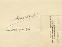 Printed visiting card with autograph sentiment (unsigned). Laid down to mounting sheet with signature ("A. Trantoul) and date "New York 19-4-1930