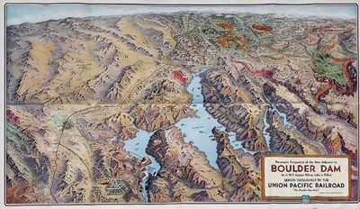Panoramic Perspective Map of the Area Adjacent to Boulder Dam. As It Will Appear When Lake is Filled. Served Exclusively by the Union Pacific Railroad 'The Boulder Dam Route.'