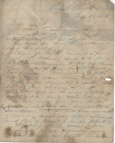 Autograph Letter Signed, Corpus Christi, Texas, March 14, 1846, to General and Senator, and the future Secretary of War under Lincoln, Simon Cameron, Washington, mis-sent as Cameron was in Austin, Texas at the time