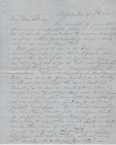 Autograph Letter Signed (“Ives”). Buffalo, New York, March 19, 1855, to ‘Jonny’ [John Champlin], apparently a former college classmate from Massachusetts or Connecticut