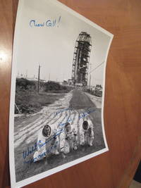 Original  NASA B/W Inscribed Photograph of Apollo 7 Astronauts Walt Cunningham, Donn Eisele and Wally Schirra in Space Suits in Front of the Launch Pad at Cape Canaveral de Cunningham, Walter "Walt"; Donn Eisele; and Walter M. "Wally" Schirra Jr - 1968