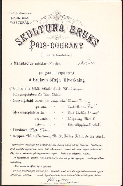 Skultuna Bruk. Priskurant å manufaktur [1875-96].…