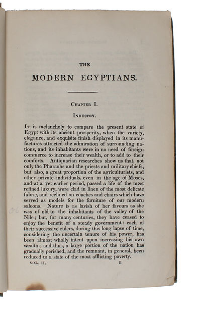 An Account of the Manners and Customs of the Modern Egyptians, written in Egypt during the Years 1833, 34 and 35. Partly from Notes made during a Former Visit to that Country in the Years 1825, 26, 27 and 28. 2 vols. (photo 7)