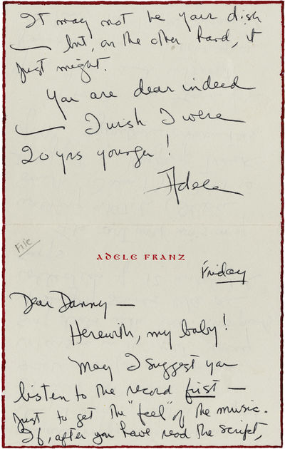 Autograph Note from Adele Franz [Longmire] signed to Daniel Selznick, 1969